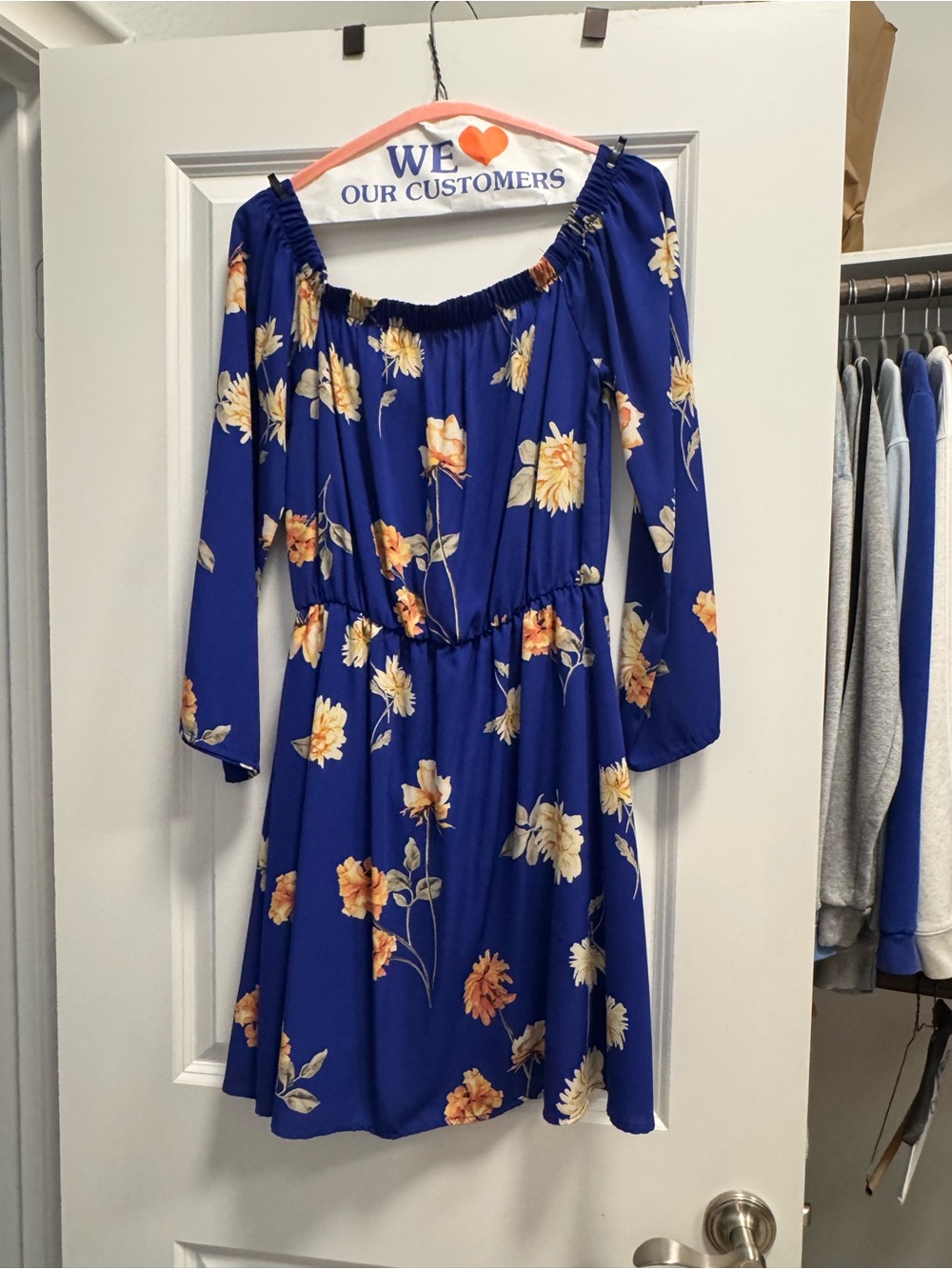 Altar'd State Royal Blue Floral Long Sleeve Off-Shoulder Dress